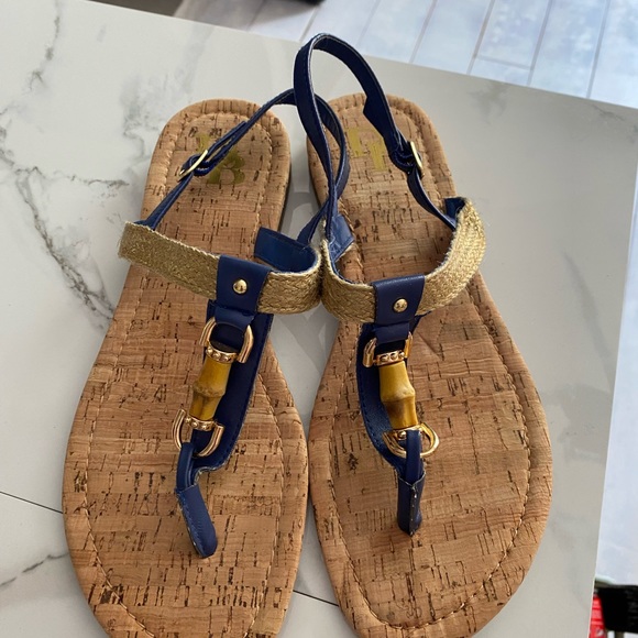 Kohl’s Bright Blue W Gold Accent Cork Bottom Thong Sandals Large 9/10 - Picture 4 of 8